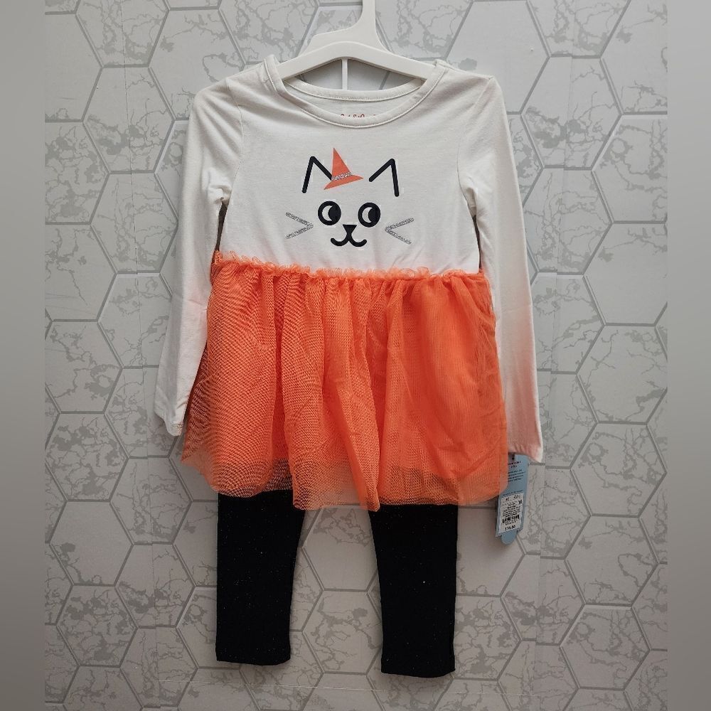 Cat & Jack Girls Halloween Ling Sleeve Top Tulle and Leggings Outfit